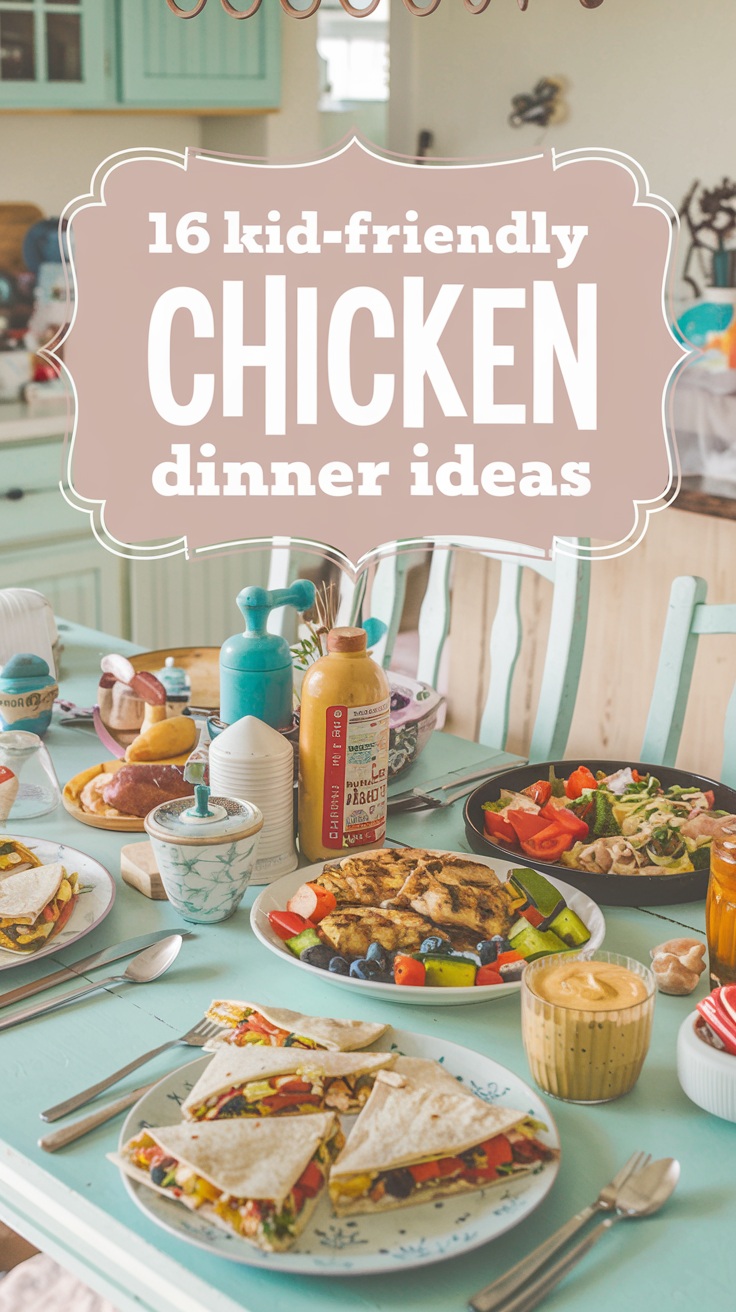 A vibrant and colorful Pinterest-style photo of a dinner table setup with delicious chicken dishes. There are chicken quesadillas, grilled chicken with veggies, and chicken tenders with a honey mustard dip. The table is set with various utensils and a few decorative items. The background is a cozy kitchen with a few cabinets and a light fixture. The text "16 Kid-Friendly Chicken Dinner Ideas" is overlaid in a soft feminine country style font.