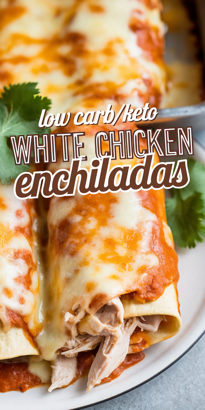 Low carb white chicken enchiladas with melted cheese and fresh cilantro garnish.