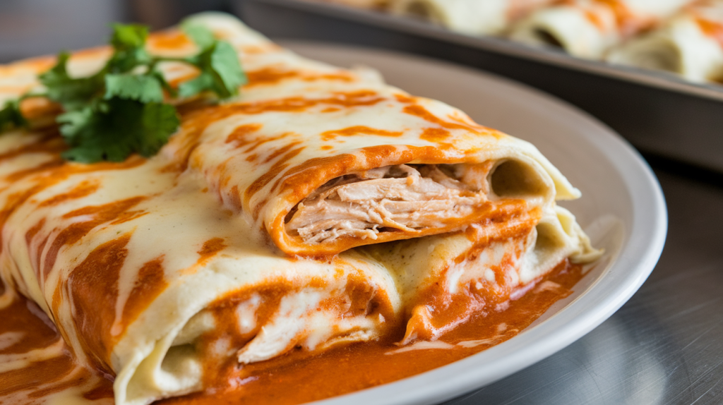 Low carb white chicken enchiladas with melted cheese and fresh cilantro garnish.