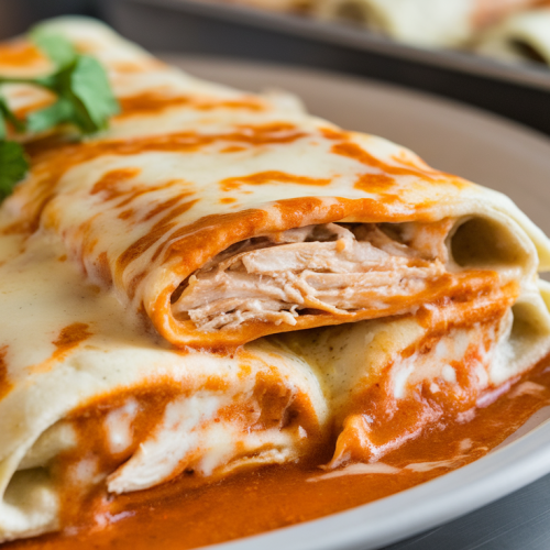 Low carb white chicken enchiladas with melted cheese and fresh cilantro garnish.