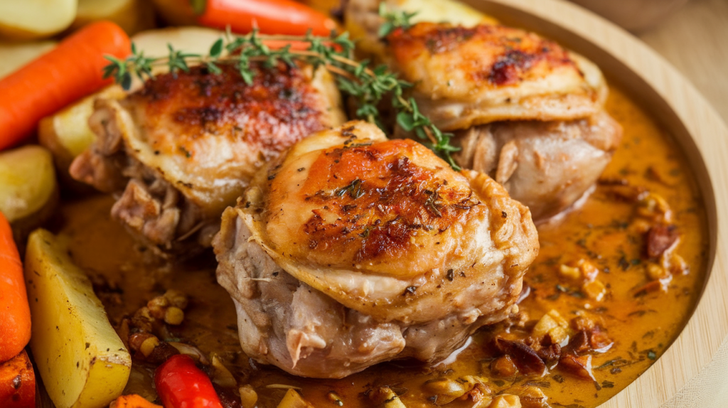 Slow cooker chicken thighs with roasted vegetables.