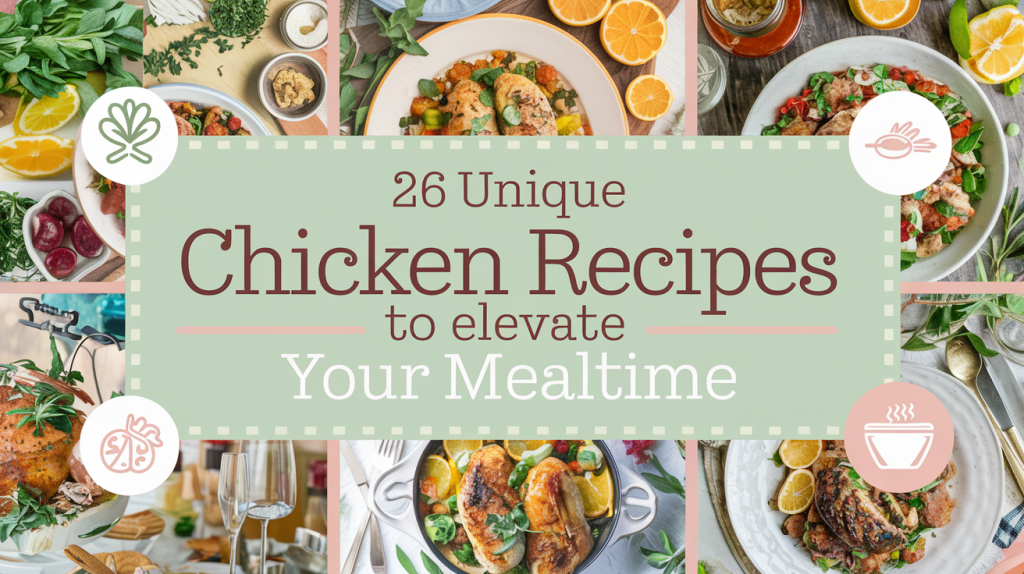 A Pinterest-style image with a bright and bold background of vibrant and colorful ingredients and completed dishes. There are fresh herbs, spices, citrus slices, and beautifully plated chicken dishes. The background has a cozy dinner setting. Overlaid on the image is the text "26 Unique Chicken Recipes to Elevate Your Mealtime" in a soft feminine country style font. There are related and appropriate kitchen icons in the background.