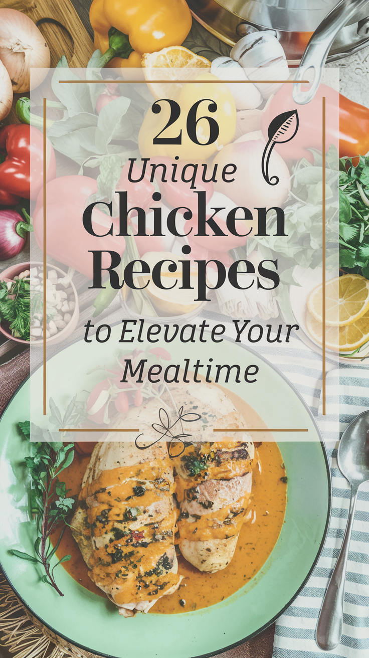 A Pinterest-style image with a bright and bold background of vibrant and colorful ingredients and completed dishes. There are fresh herbs, spices, citrus slices, and beautifully plated chicken dishes. The background has a cozy dinner setting. Overlaid on the image is the text "26 Unique Chicken Recipes to Elevate Your Mealtime" in a soft feminine country style font. There are related and appropriate kitchen icons in the background.