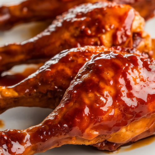 Baked BBQ chicken drumsticks glazed with barbecue sauce and garnished with parsley.