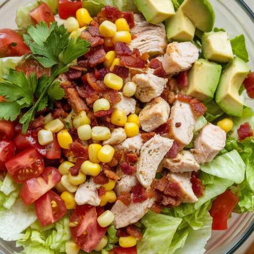 Chicken bacon avocado salad with greens and lemon vinaigrette.