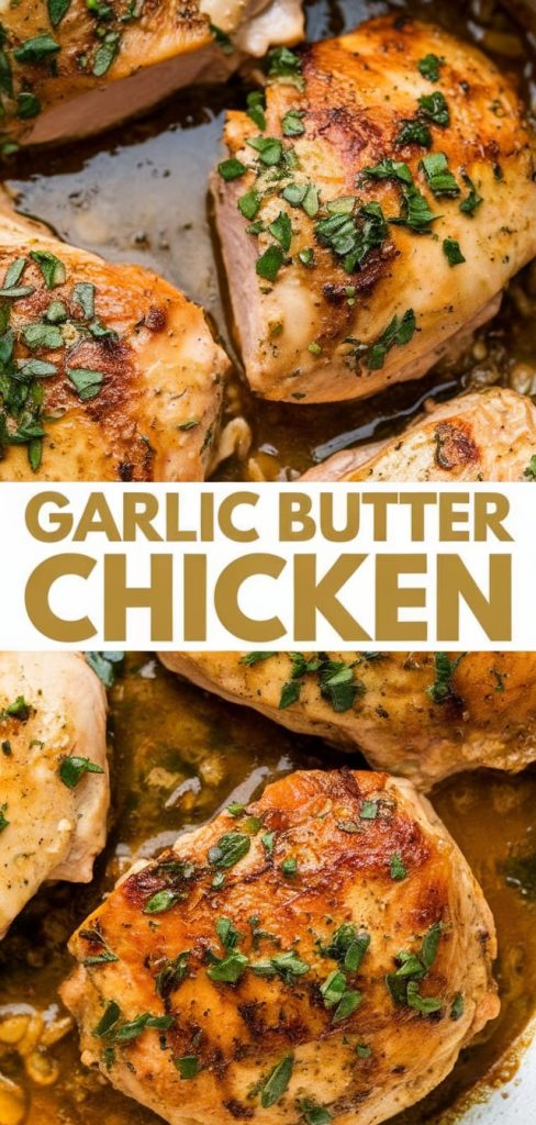 Garlic butter chicken with parsley and lemon in a skillet.