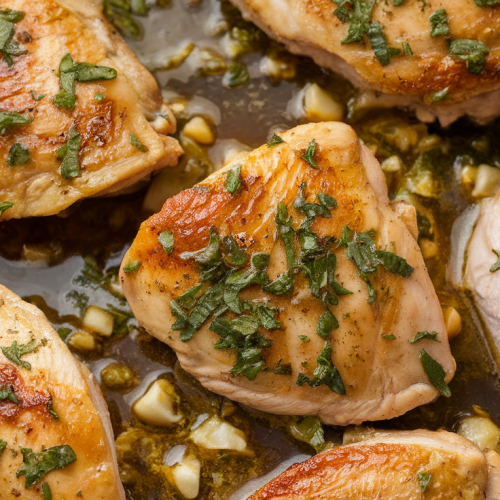 Garlic butter chicken with parsley and lemon in a skillet.