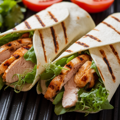 Grilled chicken ranch wrap with lettuce, tomatoes, and ranch dressing.