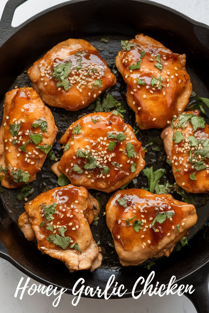 Honey garlic chicken thighs in a skillet with parsley and lime.