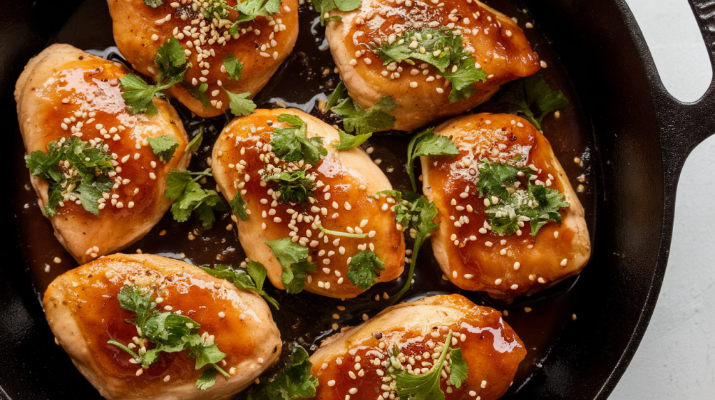 Honey garlic chicken thighs in a skillet with parsley and lime.