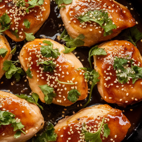 Honey garlic chicken thighs in a skillet with parsley and lime.