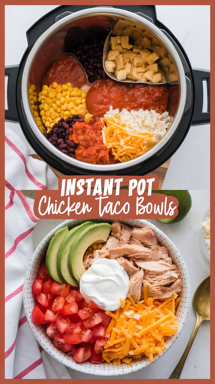 Instant Pot chicken taco bowls with rice, beans, and toppings.