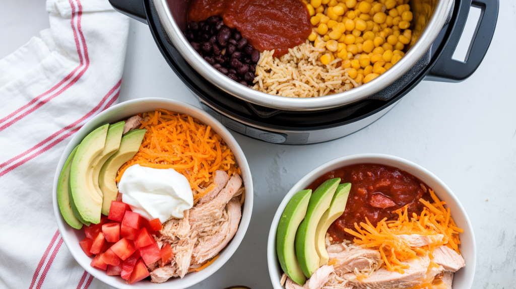 Instant Pot chicken taco bowls with rice, beans, and toppings.