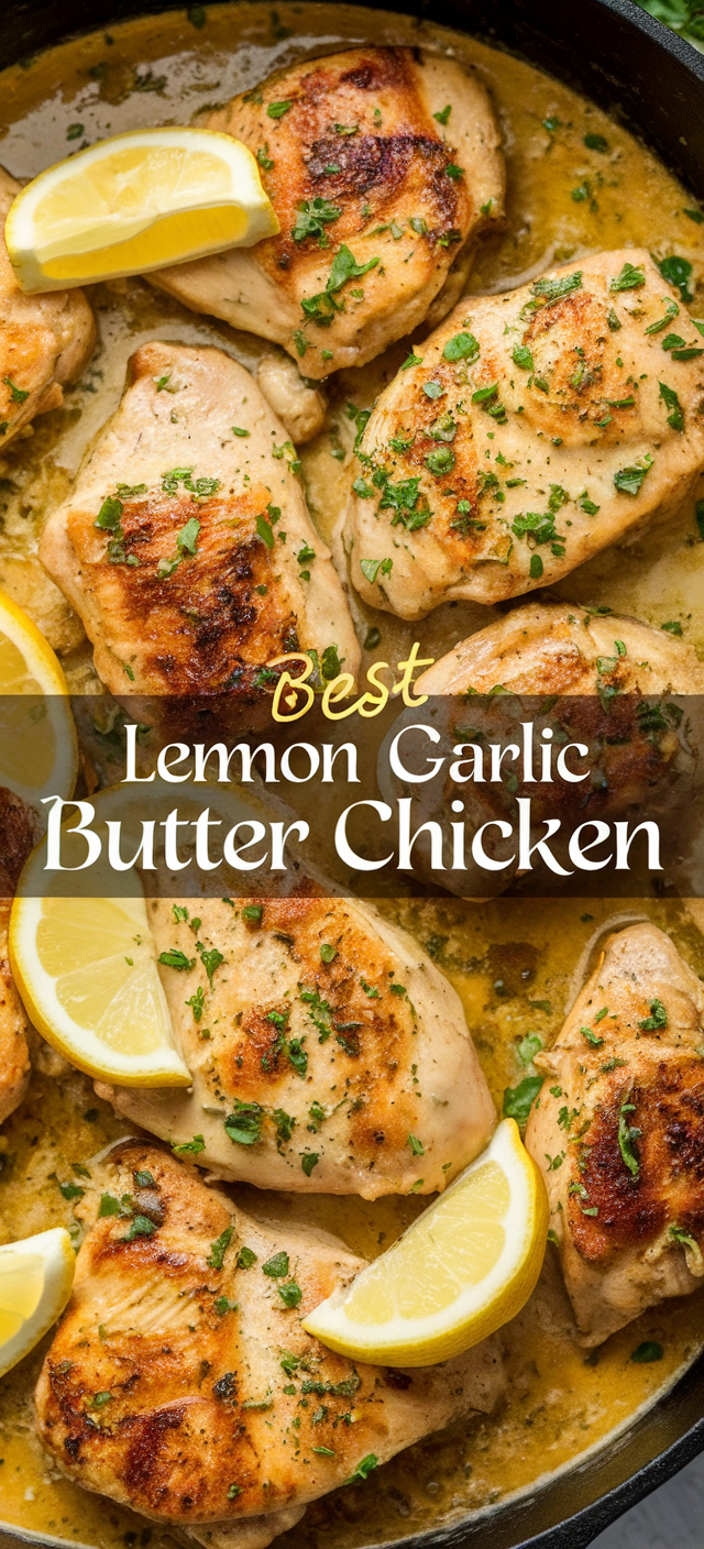 Lemon garlic chicken breasts in butter sauce garnished with parsley and lemon slices.