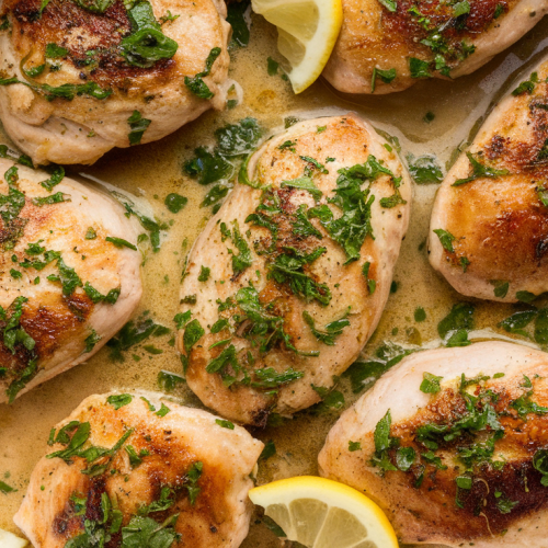 Lemon garlic chicken breasts in butter sauce garnished with parsley and lemon slices.