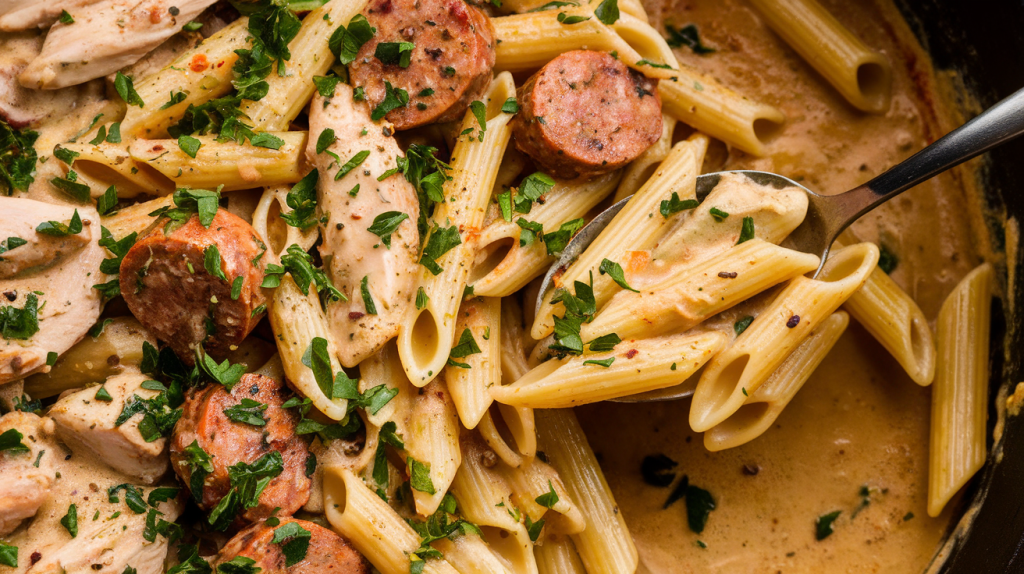 One pot Cajun chicken Alfredo with sausage and creamy pasta.