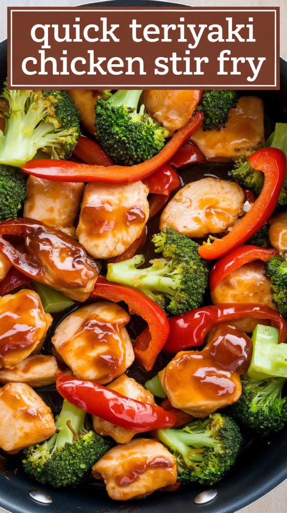 Teriyaki chicken stir fry with broccoli and bell peppers over rice.