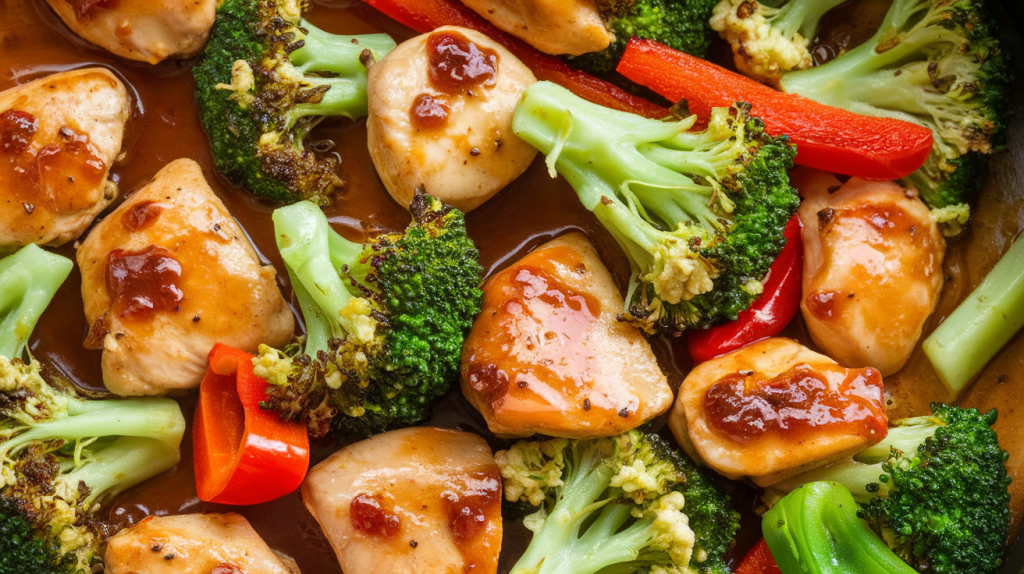 Teriyaki chicken stir fry with broccoli and bell peppers over rice.