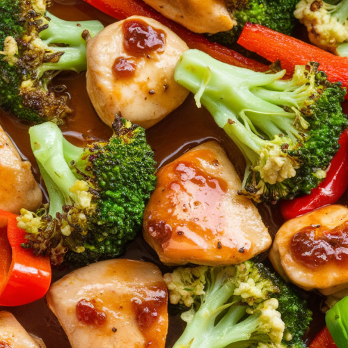 Teriyaki chicken stir fry with broccoli and bell peppers over rice.