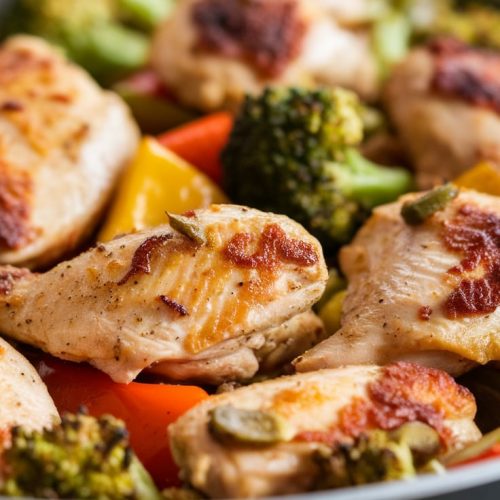 Sheet pan chicken and veggies with roasted broccoli and carrots.